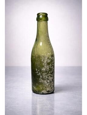 Antique 1890s Olive Green Glass Blob Top Beer Water Bottle, 2.25x7.5”